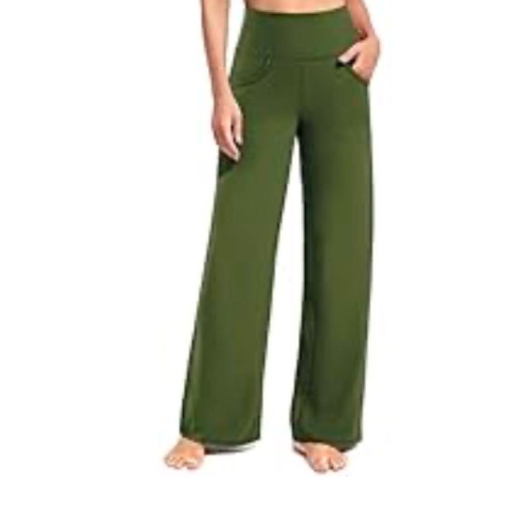 Promover Wide Leg Pants Yoga Pants Pockets Stretch Loose Lounge Olive Green S 4